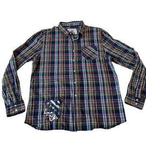 Company 81 Western Shirt Men’s Size XL Blue Plaid Pearl Snaps Raw Hem Patch